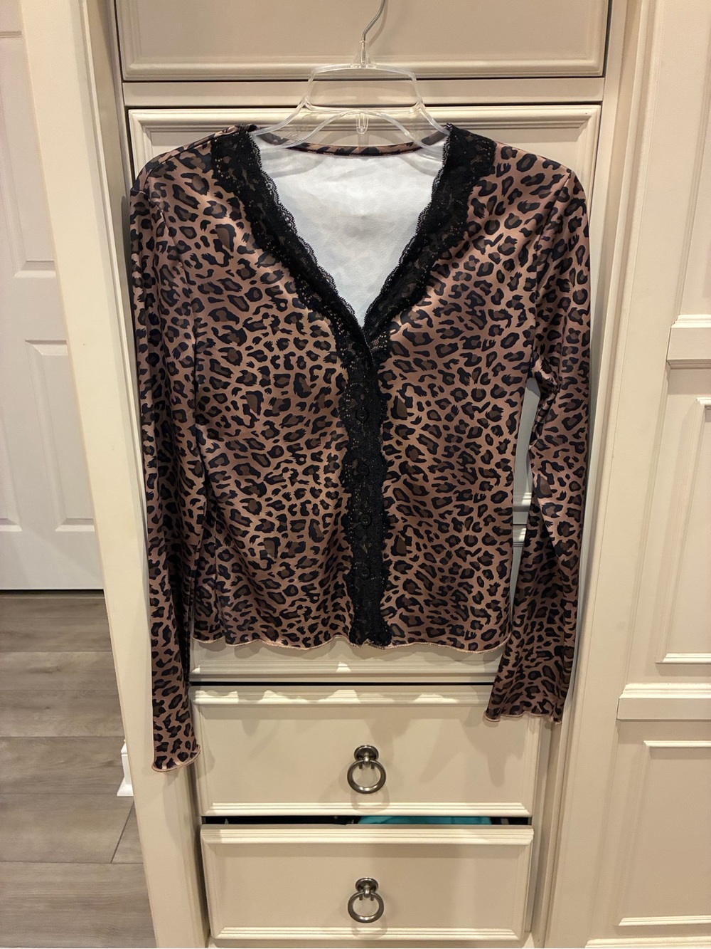 Leopard Print Lace-Trim Long Sleeve Sleep Top - Brown/Black